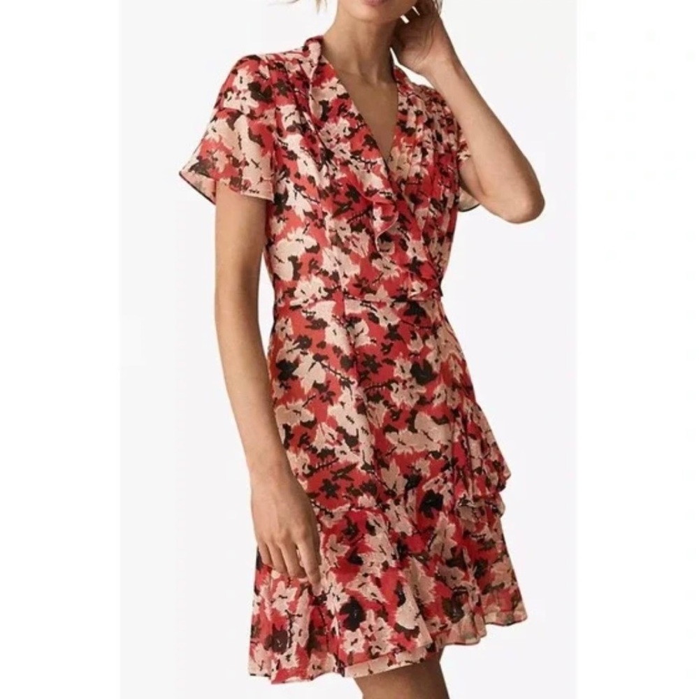 Reiss Marseille Floral Abstract Print Chiffon Ruffle Dress US Size 0